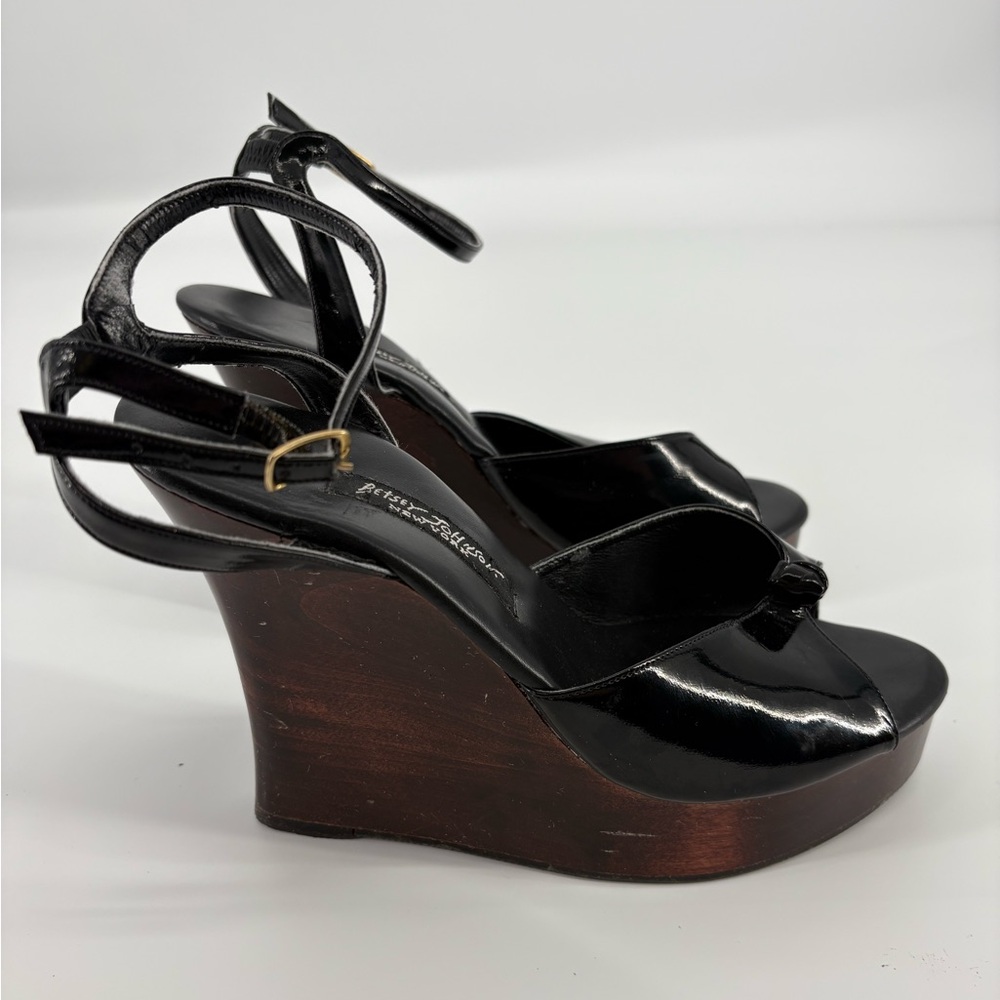 Vintage Y2K Betsey Johnson Black Patent Leather Wedge Heel Sandals